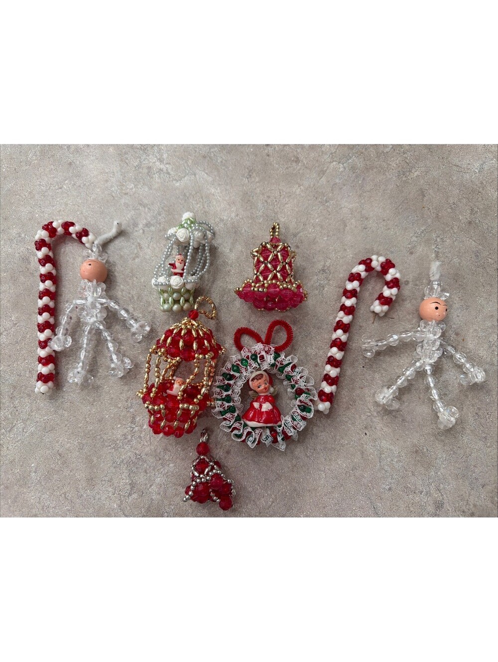 Vintage Christmas Tree Ornaments Mid Century Plastic Beaded Lot Of 9 Handmade